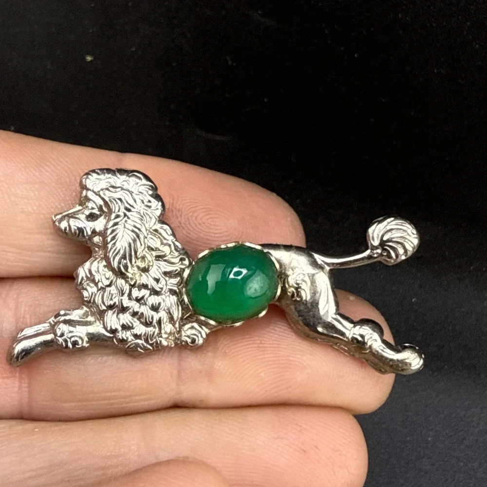 Vintage Poodle‎ Brooch Dog Green Jelly Belly Silver Tone